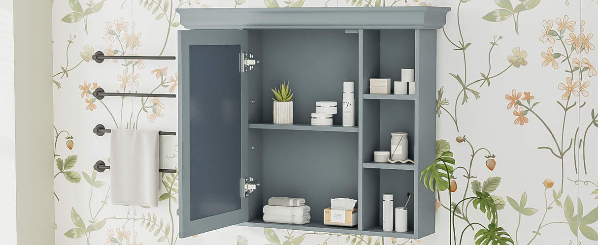 35 ''x 28' 'blue wall mounted bathroom storage cabinet with mirror door and medication cabinet with 6 open shelves - V.I.P Digital Presence