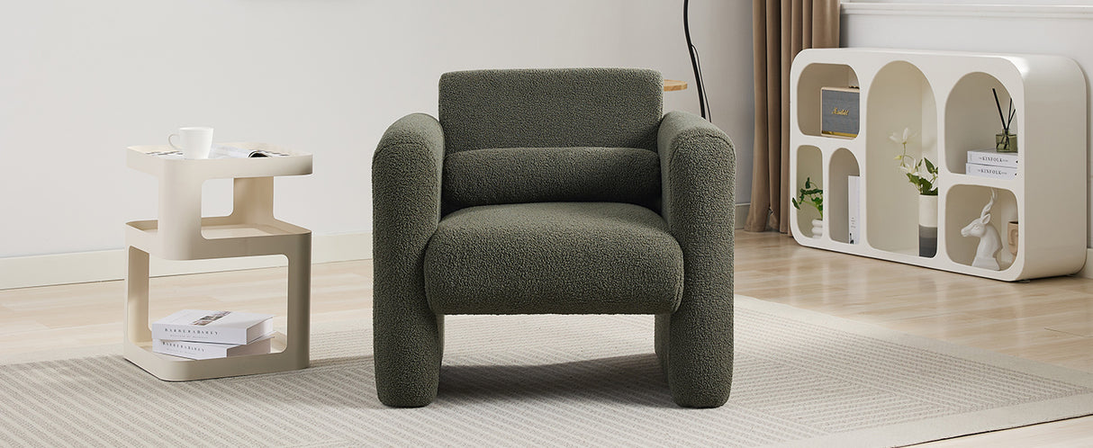 Modern style chair with sheepskin Sherpa fabric soft cushion, comfortable armchair, soft with backrest and pillow, seaweed green - V.I.P Digital Presence