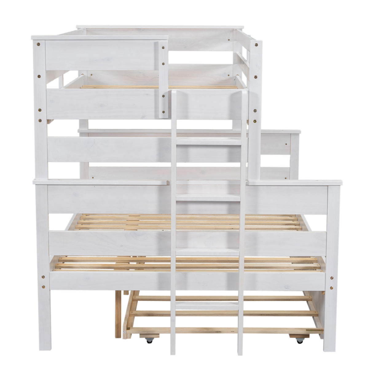 Wood Twin over Full Bunk Bed with Twin Size Trundle White