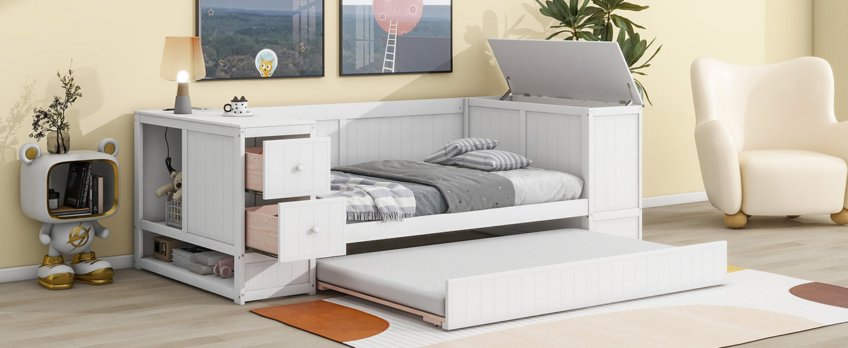 Twin Size Daybed with Storage Arms Trundle and Charging Station White