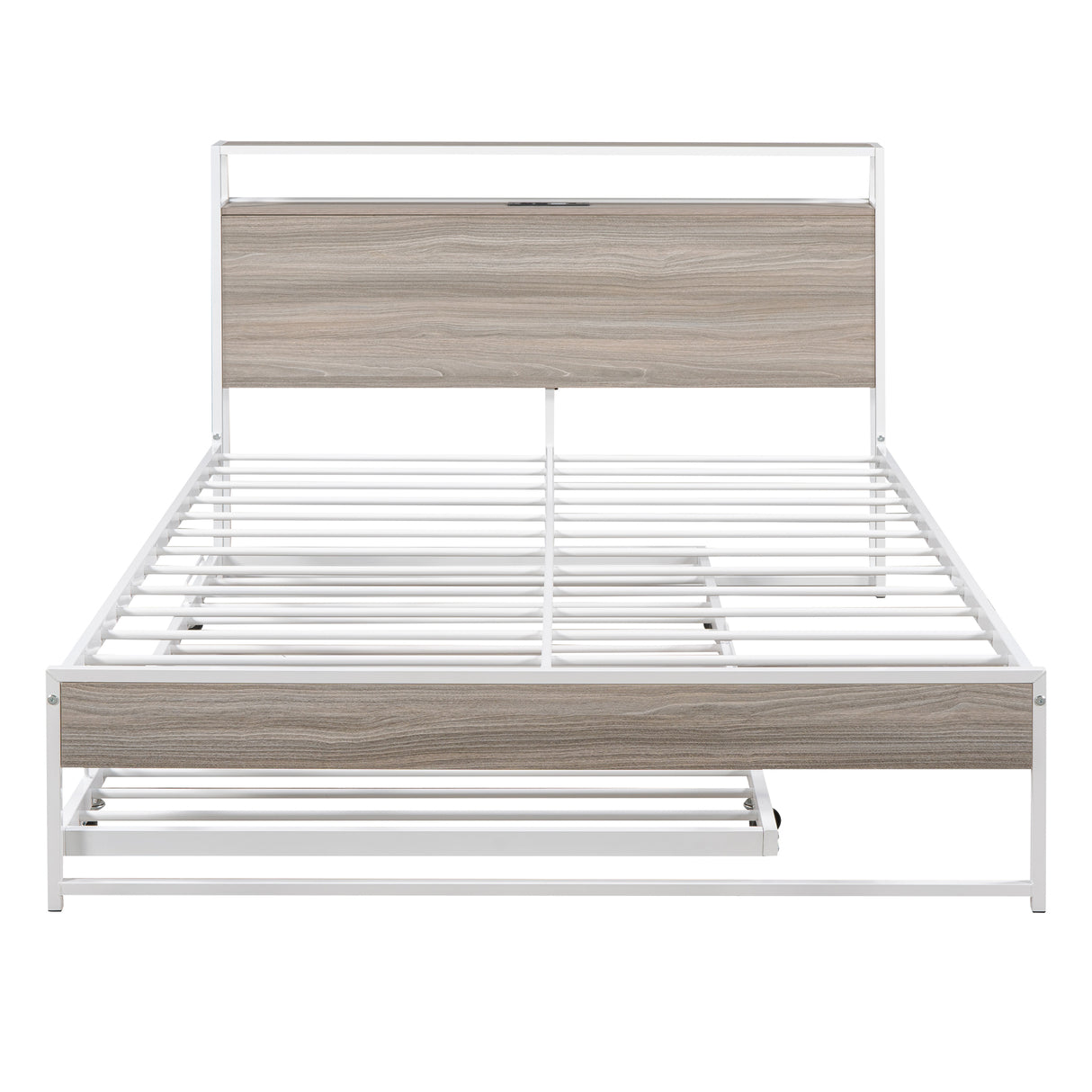 Full Size Metal Platform Bed Frame with Trundle, USB Ports and Slat Support No Box Spring Needed White - V.I.P Digital Presence