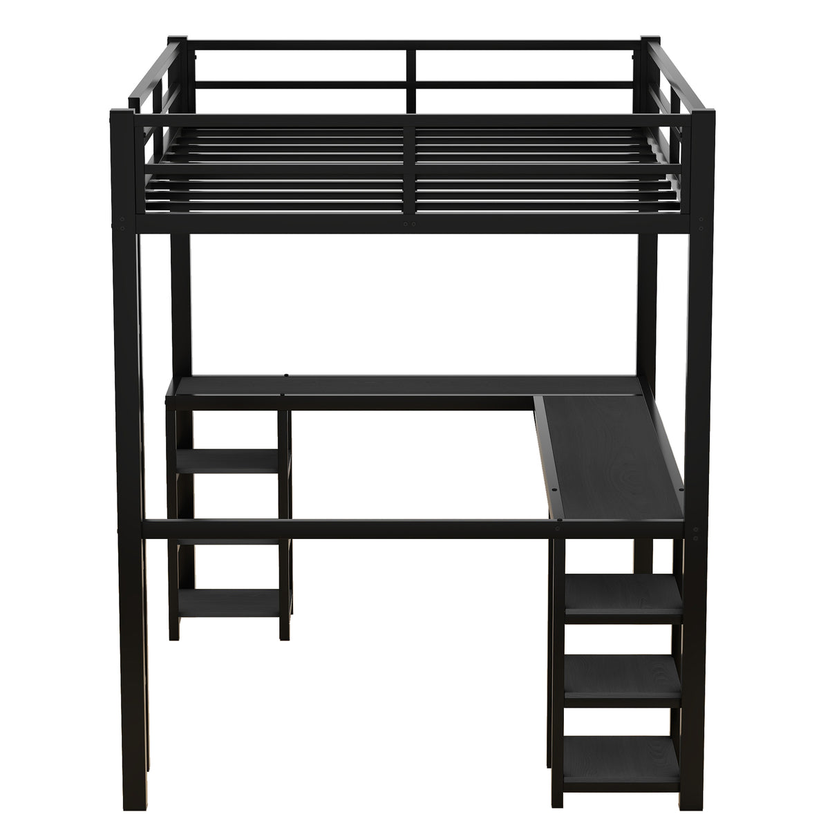 All metal loft bed with desk and shelf, loft bed with ladder and guardrail, black with black desk - V.I.P Digital Presence