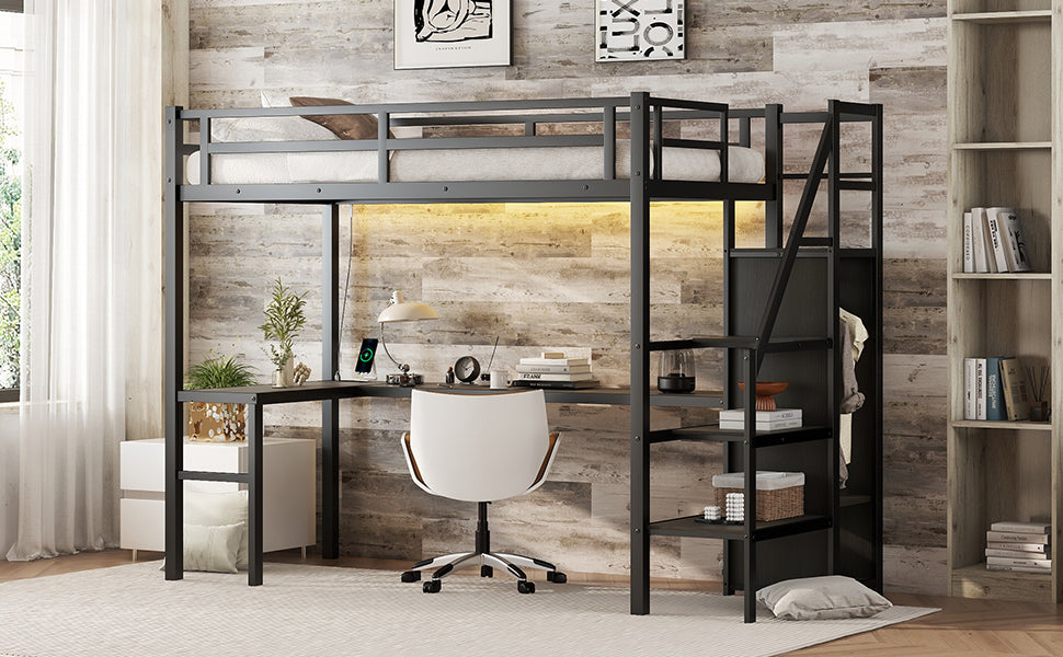 Twin XL loft bed with L-shaped desk and USB, metal loft bed with wardrobe and adjustable shelf, LED loft bed, black - V.I.P Digital Presence