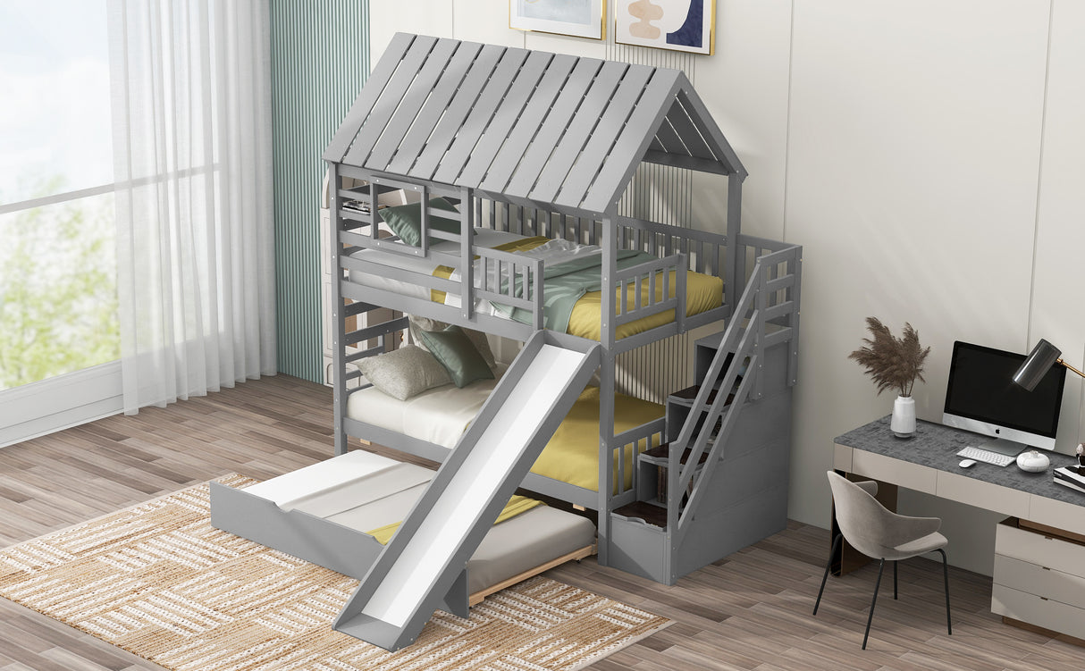 Twin over Twin House Bunk Bed with Trundle and Slide Storage Staircase, Roof and Window Design Gray