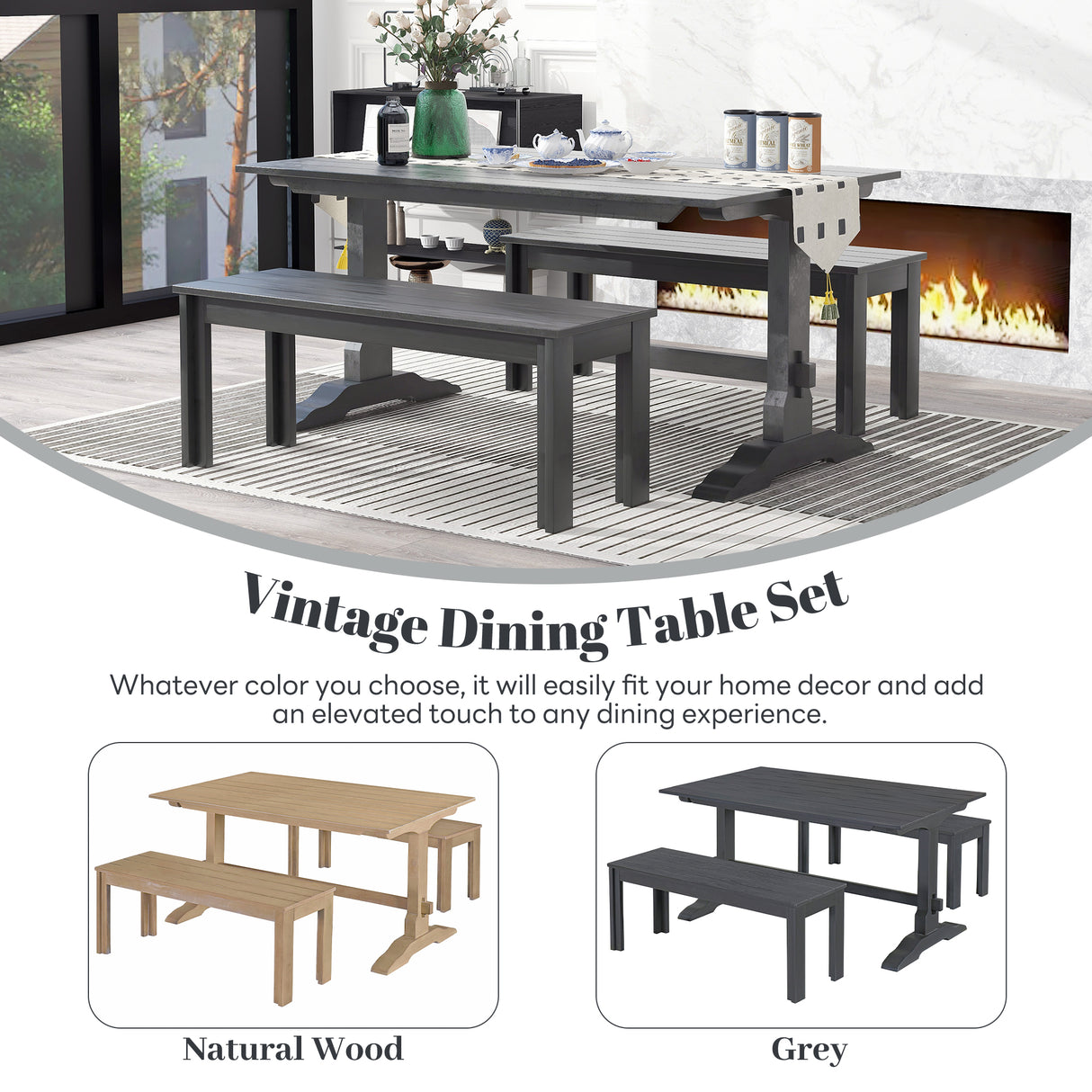 TREXM 3-piece retro cutlery set, rectangular stand table, and 2 wooden stools for 4 people (gray) - V.I.P Digital Presence