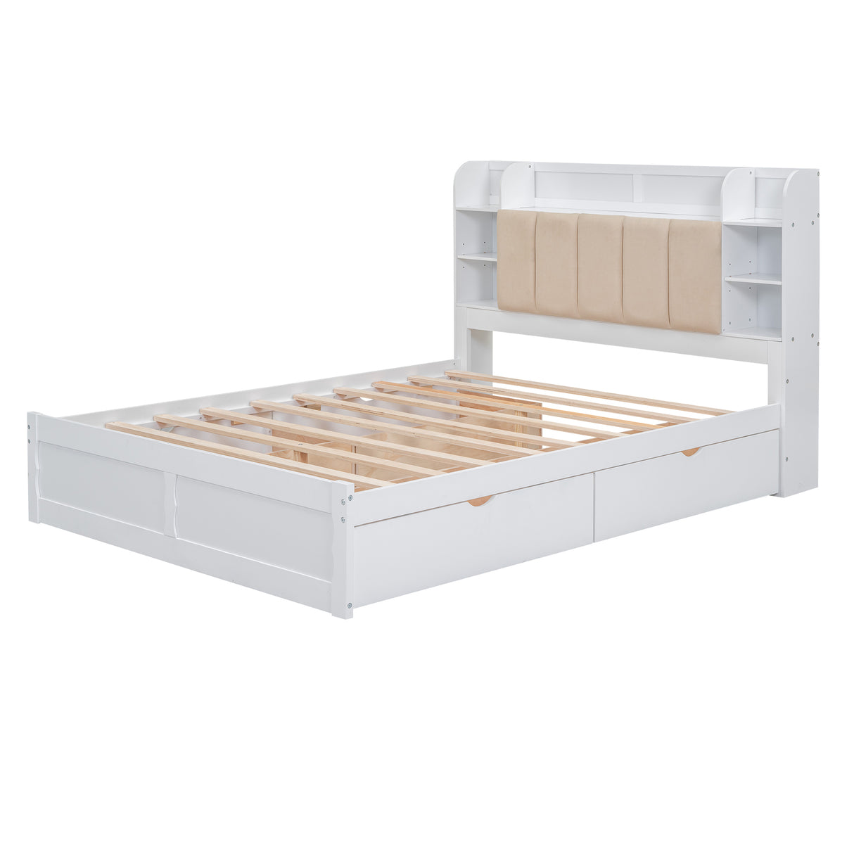 Wood Queen Size Platform Bed with Storage Headboard Shelves and 4 Drawers White