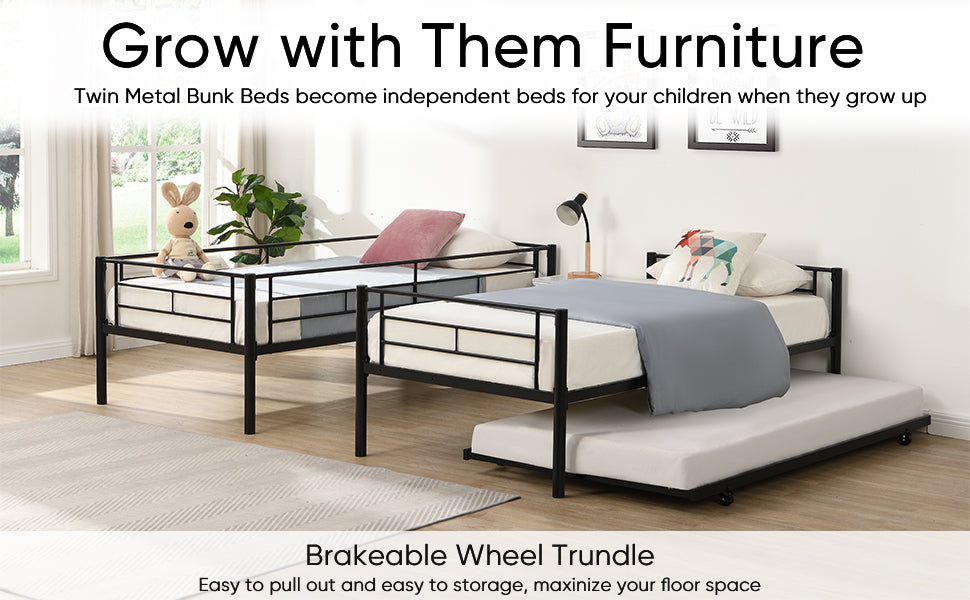 Twin bunk bed frame with trailer, metal bunk bed with sturdy guardrail and side ladder, can be divided into two beds, black - V.I.P Digital Presence