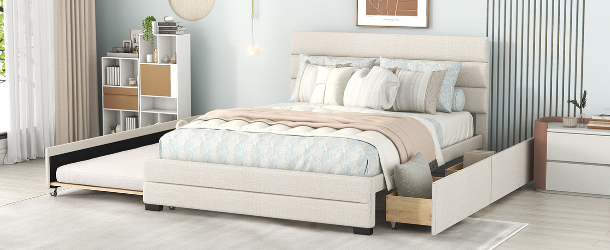 Queen Upholstered Platform Bed with Twin Size Trundle and Two Drawers Beige