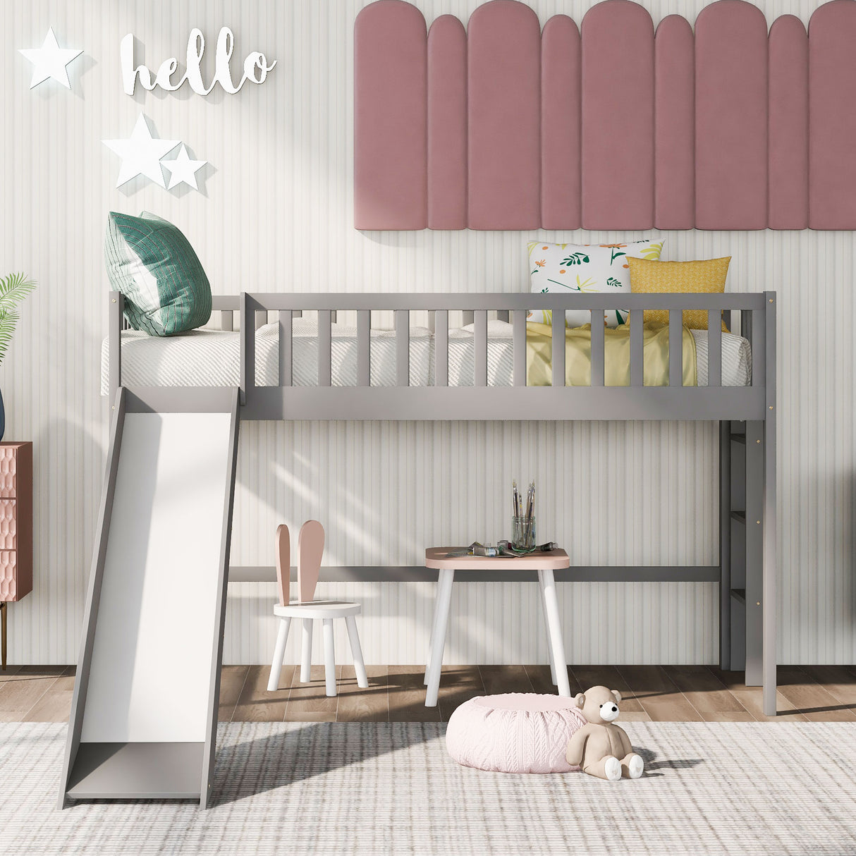 Twin Size Low Loft Bed with Ladder and Slide Gray