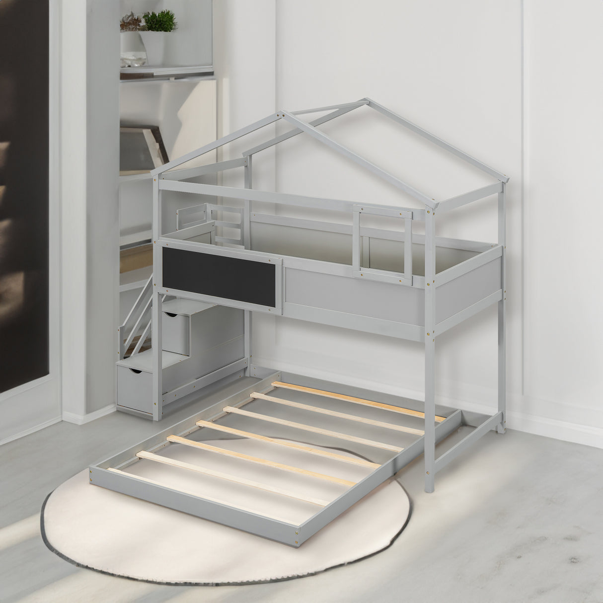 Twin over Full House Bunk Bed with Storage Staircase and Blackboard Gray