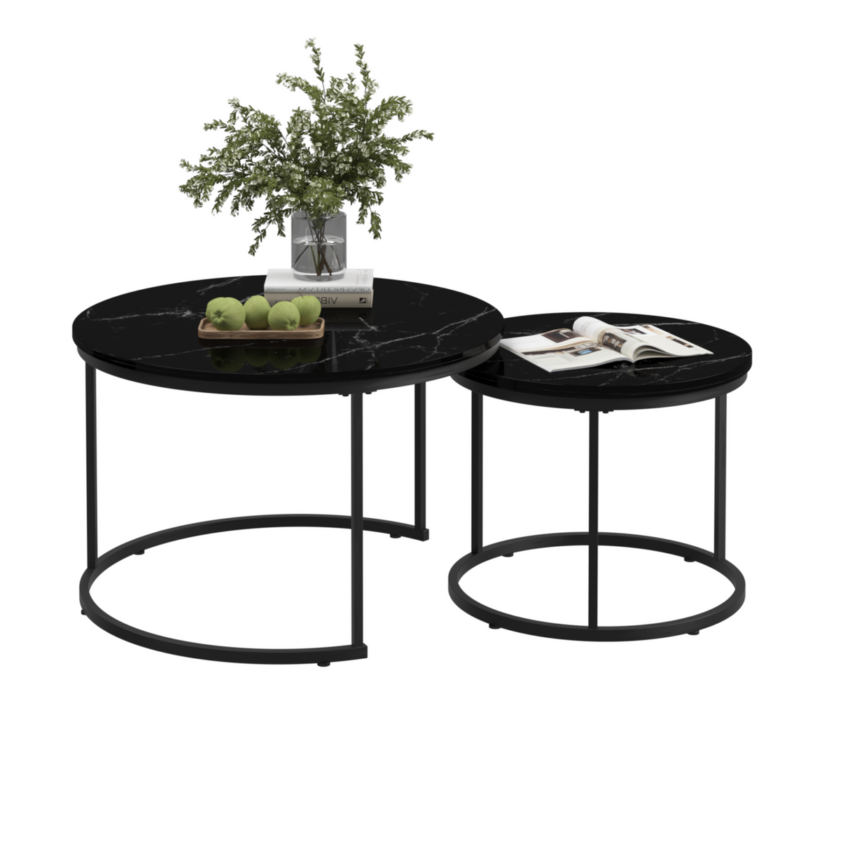 A set of nested coffee tables, 27.6-inch round coffee table, wooden marble patterned tabletop, sturdy metal frame (black) - V.I.P Digital Presence