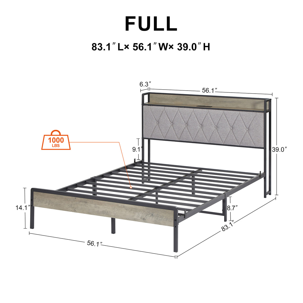Bed frame with charging station full size, Grey, 83.1'' L x 56.1'' W x 39.2'' H. - V.I.P Digital Presence