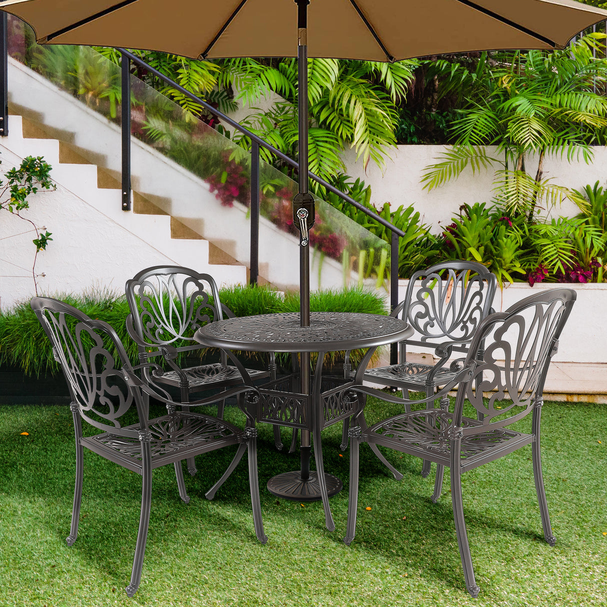 5PCS Outdoor Furniture Dining Table Set Patio Furniture Includes 1 Round Table and 4 Chairs with Umbrella Hole