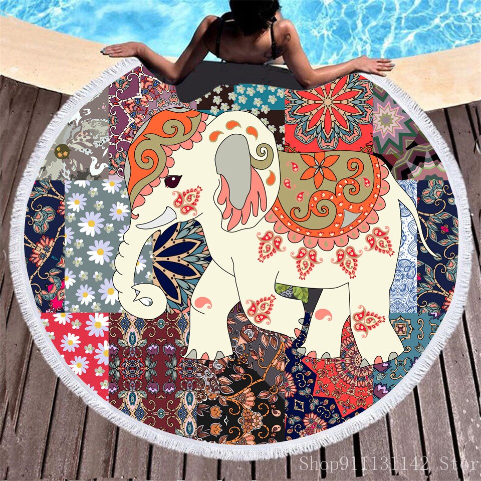 3d Bohemian Tai Chi Animal Digital Print Round Ribbon Beach Towel Swimming Yoga Picnic Mat Bikini Covered Napkin