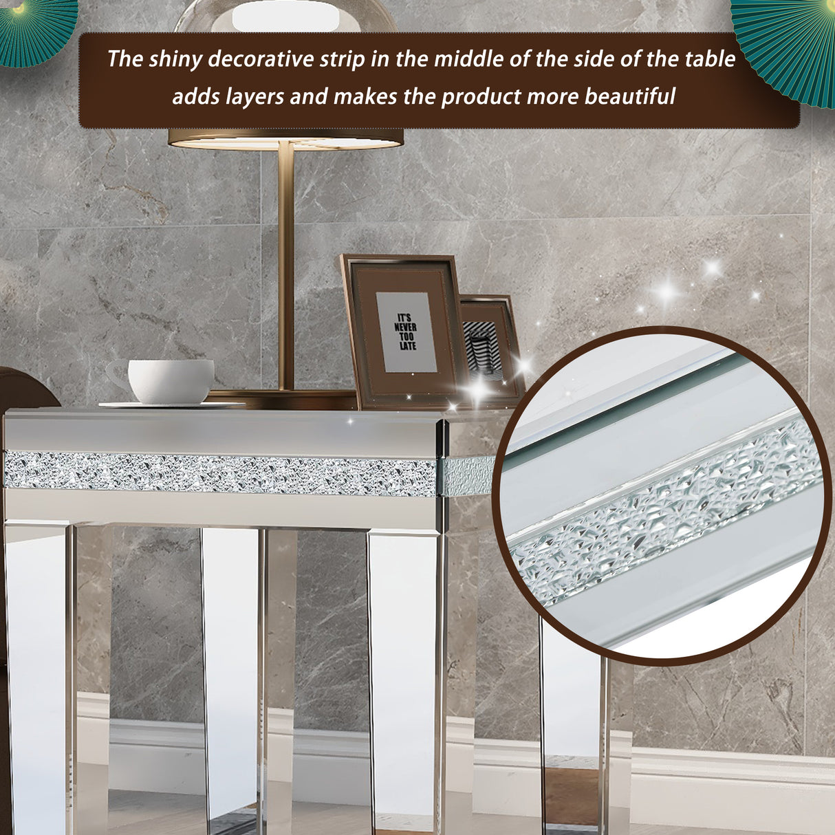 ON-TRANS glass mirror edge table, easy to assemble crystal design and adjustable height leg edge table, silver - V.I.P Digital Presence