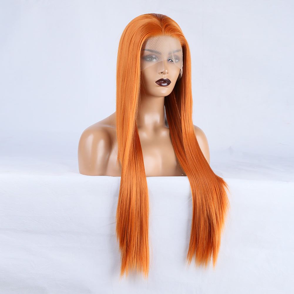 Long Straight Hair 13*2.5 Orange Chemical Fiber Front Lace Wig Head Cover Natural Hairline - V.I.P Digital Presence