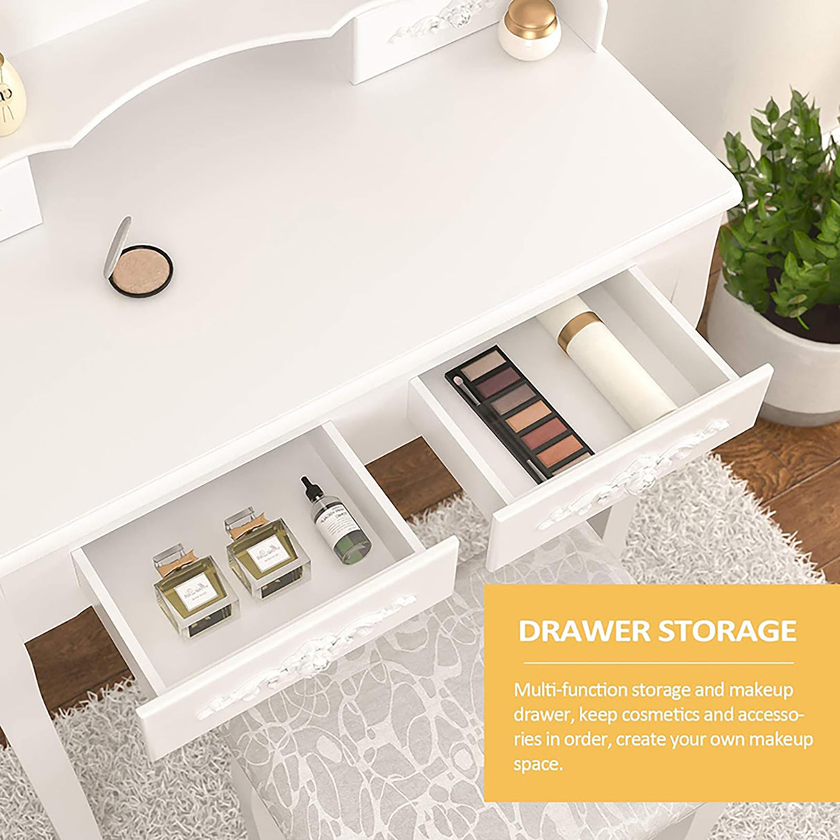 Vanity Table Set with 4 Drawer, Makeup Dressing Table w/Cushioned Stool, Girls Women Bedroom Furniture Set Oval Mirror - V.I.P Digital Presence