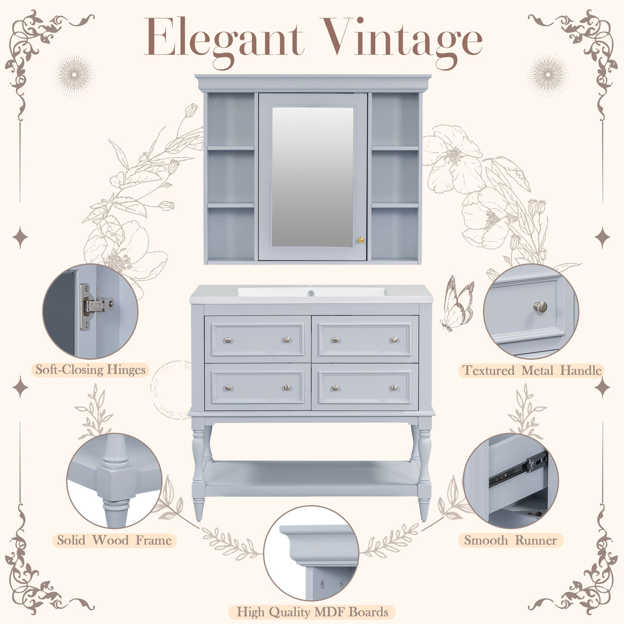 36'' Bathroom Vanity with Medicine Cabinet, Modern Mirror Cabinet with Adjustable Shelf, Bathroom Storage Cabinet with 4 Drawers - V.I.P Digital Presence