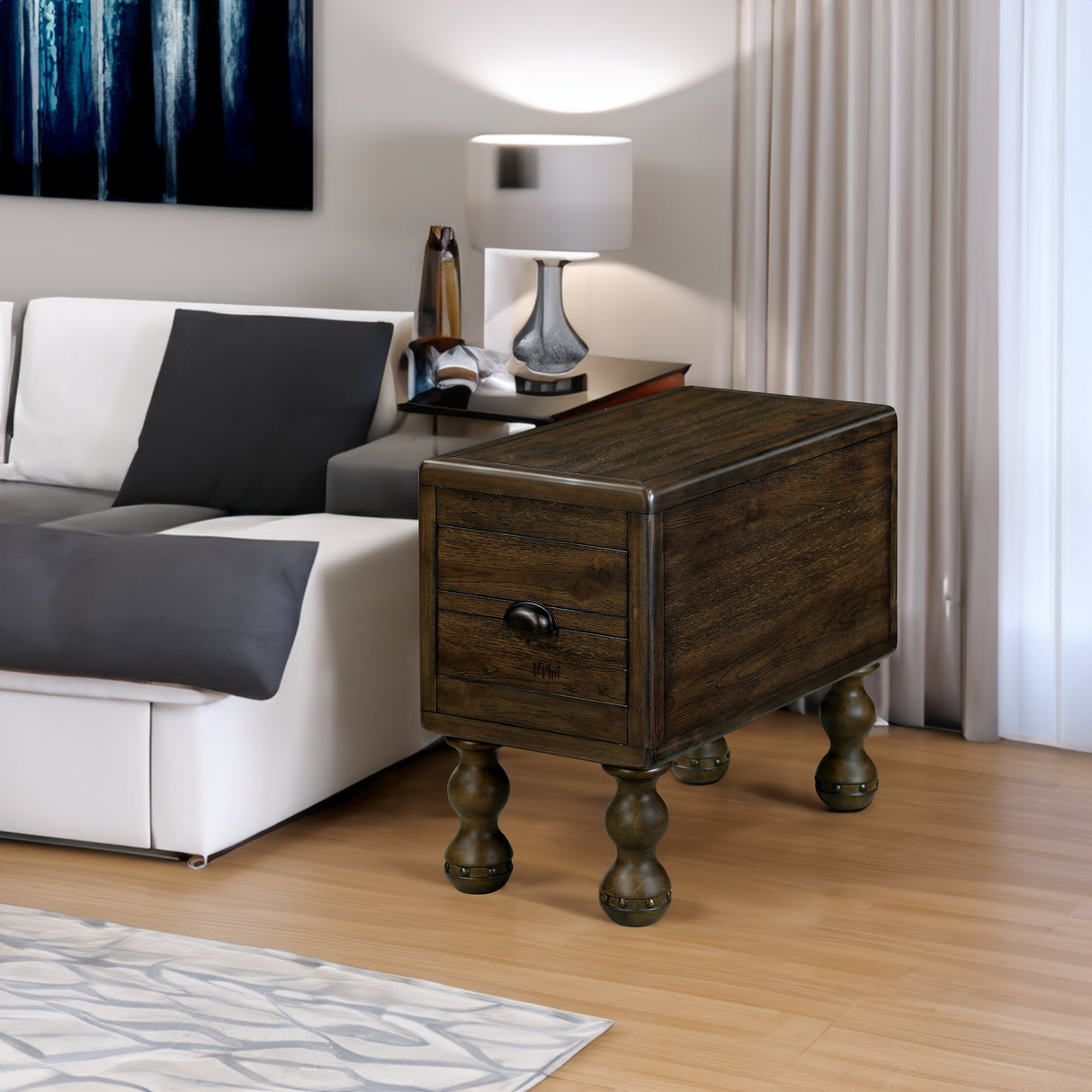 Solid wood end table, rectangular 23.6 inch narrow edge table with drawers, vintage bedside table, Espresso - V.I.P Digital Presence