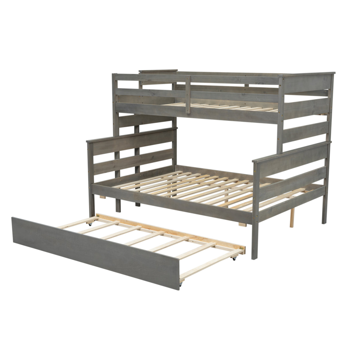Wood Twin over Full Bunk Bed with Twin Size Trundle Gray