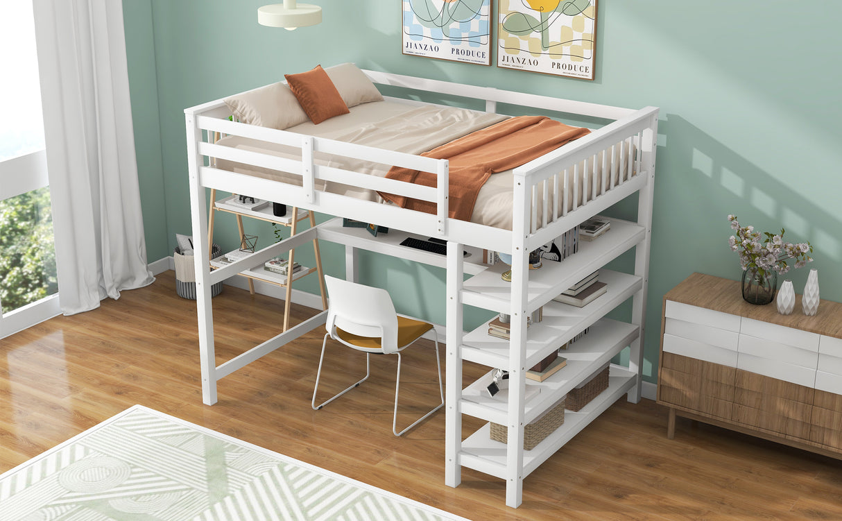 Full Size Loft Bed with Storage Shelves and Under-bed Desk White
