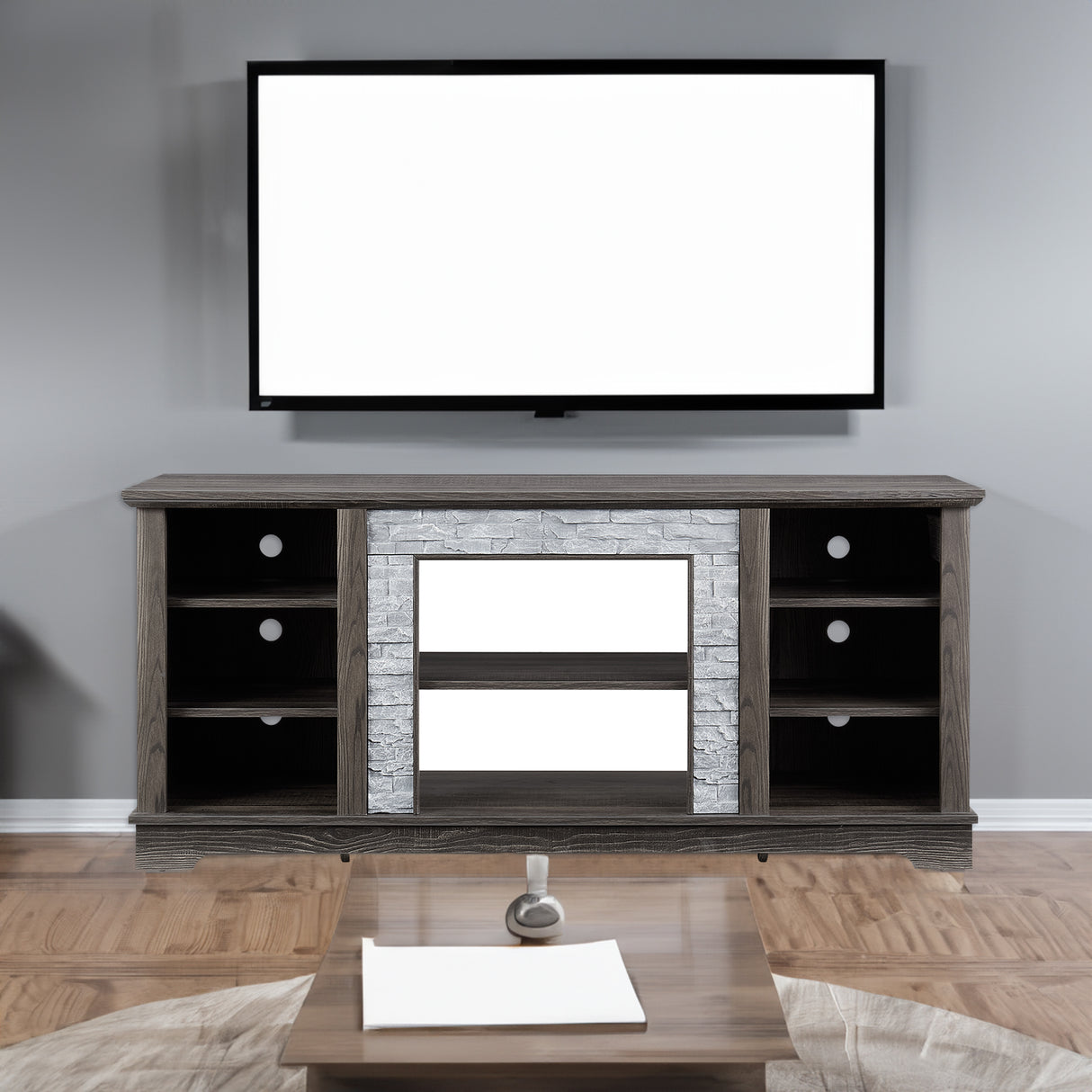 Mantel Stone modern entertainment console, manually stacked stone surrounds open storage space, gray - V.I.P Digital Presence
