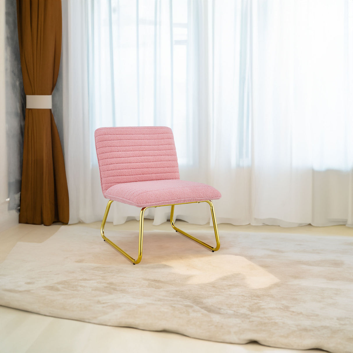 Modern minimalist pink plush fabric single person sofa chair with golden metal legs
