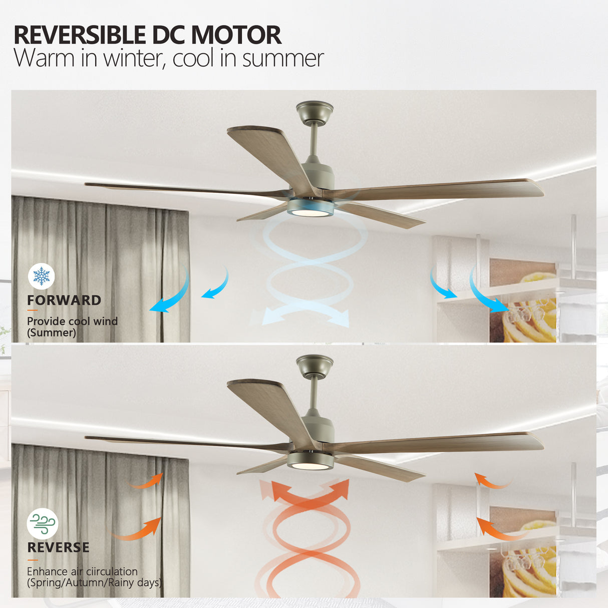60 "modern wooden ceiling fan with lighting and remote control, 6-speed noiseless reversible DC motor ceiling fan - V.I.P Digital Presence