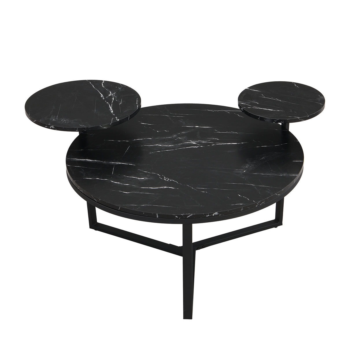 Modern coffee table with two display shelves, Black Faux marble surfaces, Tripod-inspired base,Rounded tabletop edges - V.I.P Digital Presence