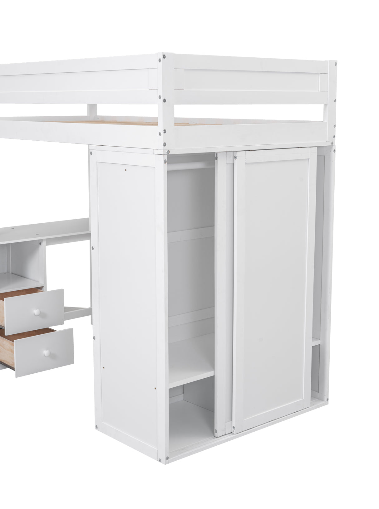 Wood Twin Size Loft Bed with Wardrobes and 2-Drawer Desk with Cabinet White