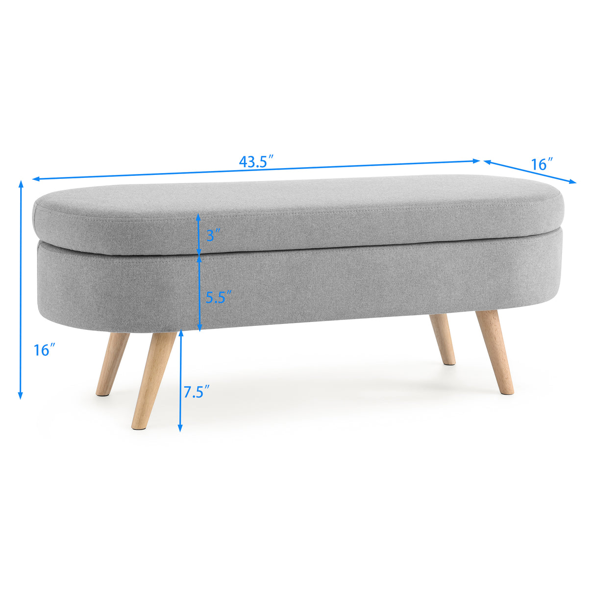 Ottoman Oval Storage Bench Rubber Wood Legs Grey(43.5"x16"x16")