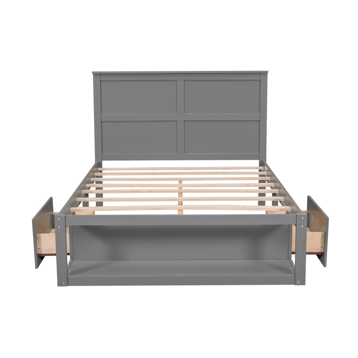 Full Size Platform Bed with Drawer on the Each Side and Shelf on the End of the Bed Gray