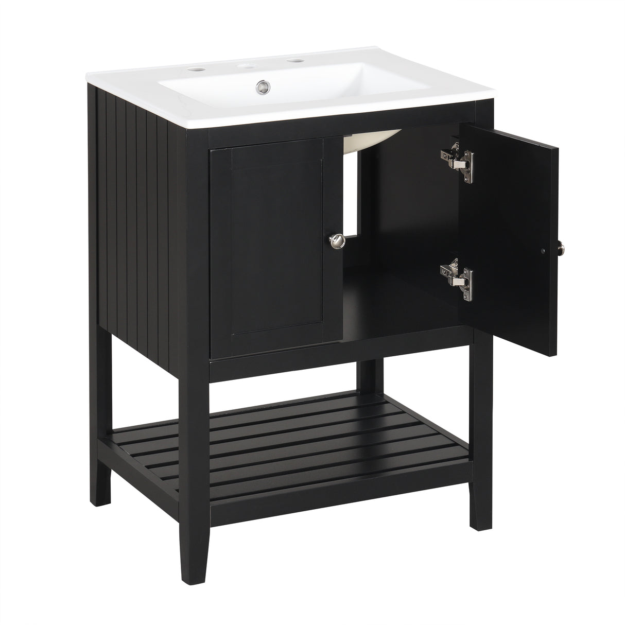 24" Black Modern Sleek Bathroom Vanity Elegant Ceramic Sink with Solid Wood Frame Open Style Shelf - V.I.P Digital Presence