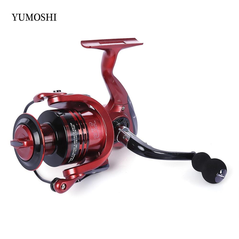 YUMOSHI 13+1BB Full Metal Spinning Fishing Reel 4.7:1/5.5:1 Gear Ratio Pesca Aluminum Spool Tackle With Foldable Handle