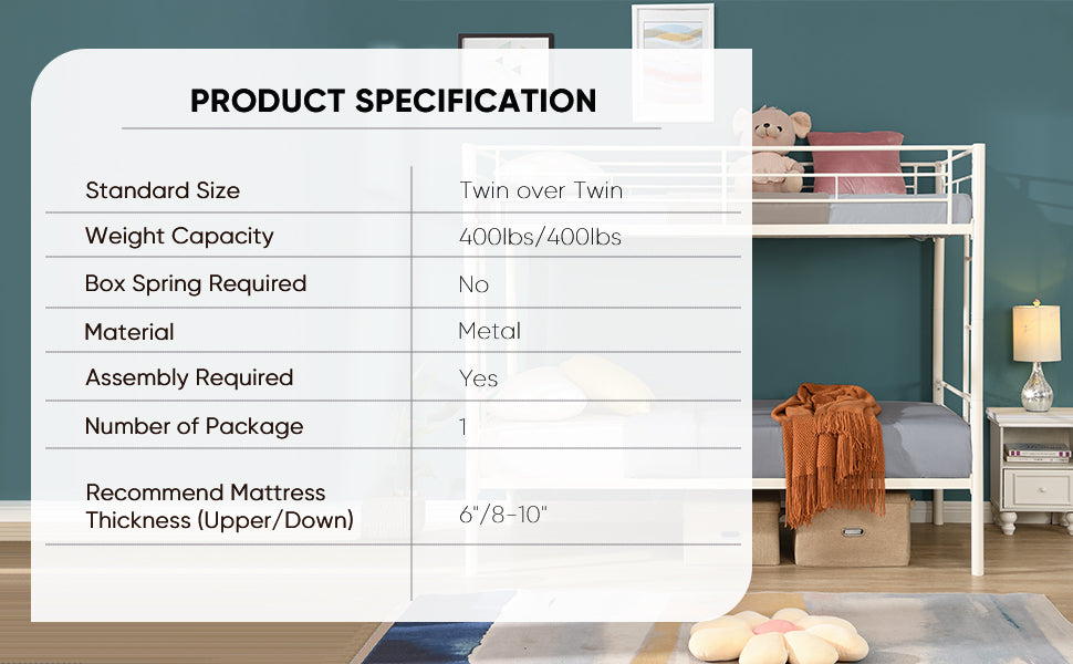 Twin metal bunk beds, metal structure bed frame with safety guardrails and 2 ladders, convertible bunk beds, white - V.I.P Digital Presence