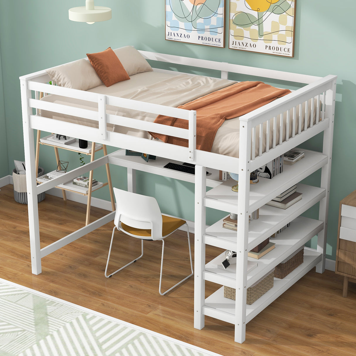 Full Size Loft Bed with Storage Shelves and Under-bed Desk White