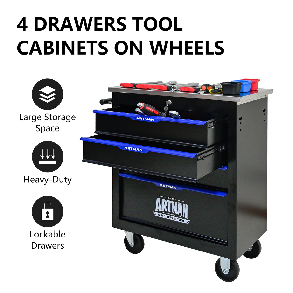 4 DRAWERS MULTIFUNCTIONAL TOOL CART WITH WHEELS-BLACK - V.I.P Digital Presence