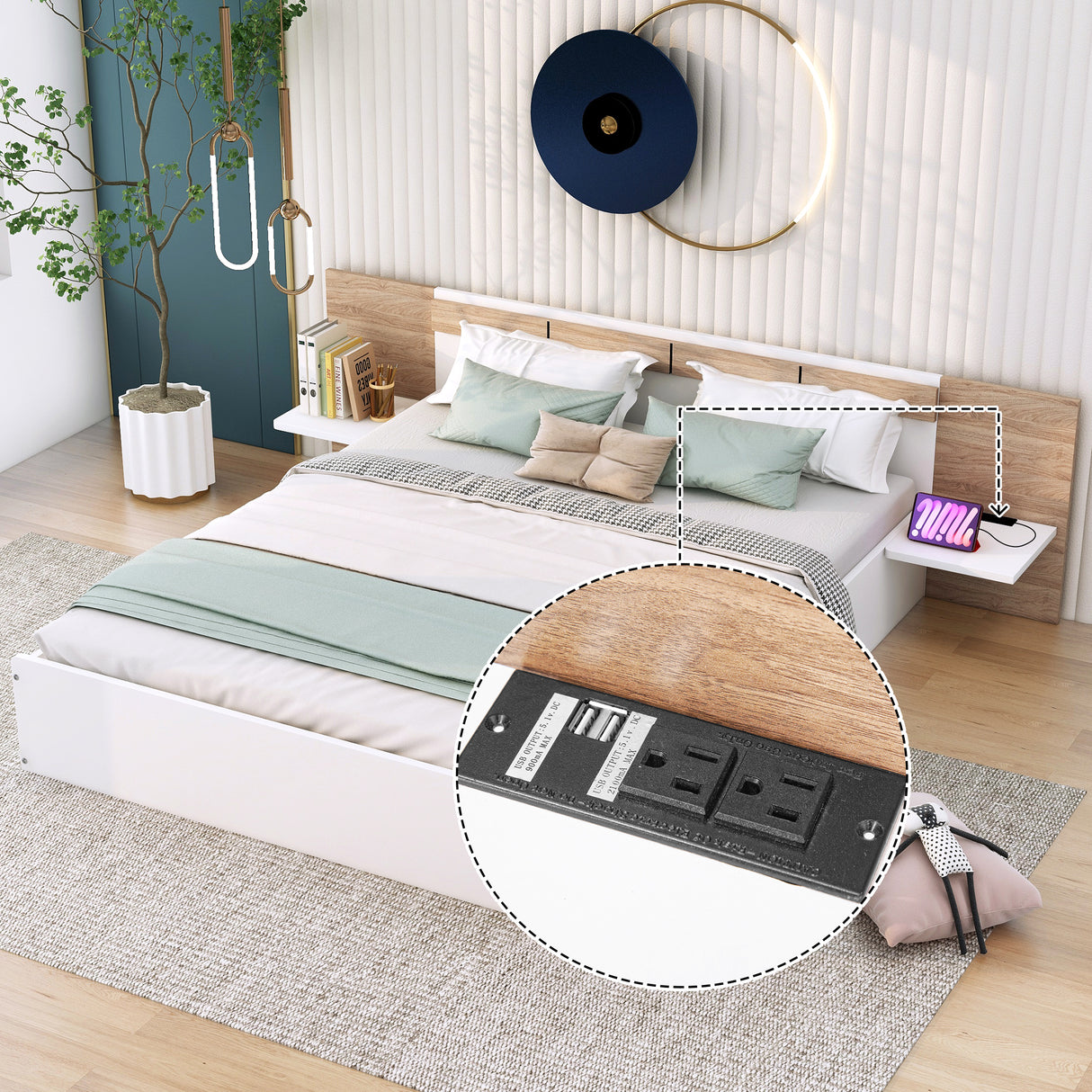 Queen Size Platform Bed with Headboard, Drawers, Shelves, USB Ports and Sockets White