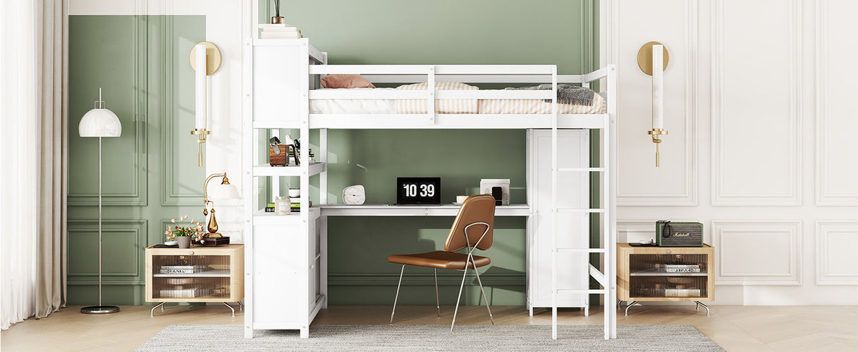 Wood Loft Bed with Cabinet and Bookshelf, Full Size Loft with Wardrobe and Desk for Kids,White - V.I.P Digital Presence