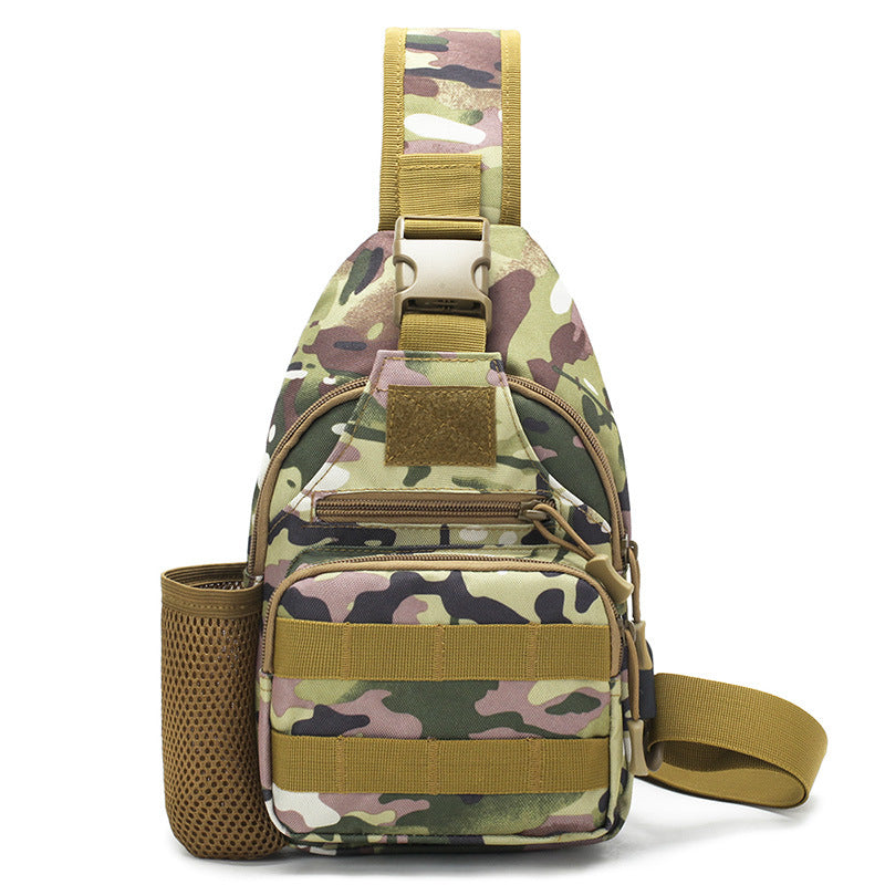 Tactical crossbody sling backpack. Has water bottle holder, MOLLE system, USB charging port. Ideal for travel and walks. Cp Camo - V.I.P Digital Presence
