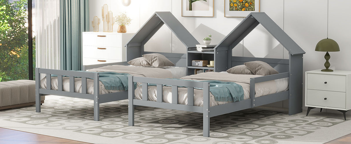 Double Twin Size Platform Bed with House-shaped Headboard and a Built-in Nightstand Grey