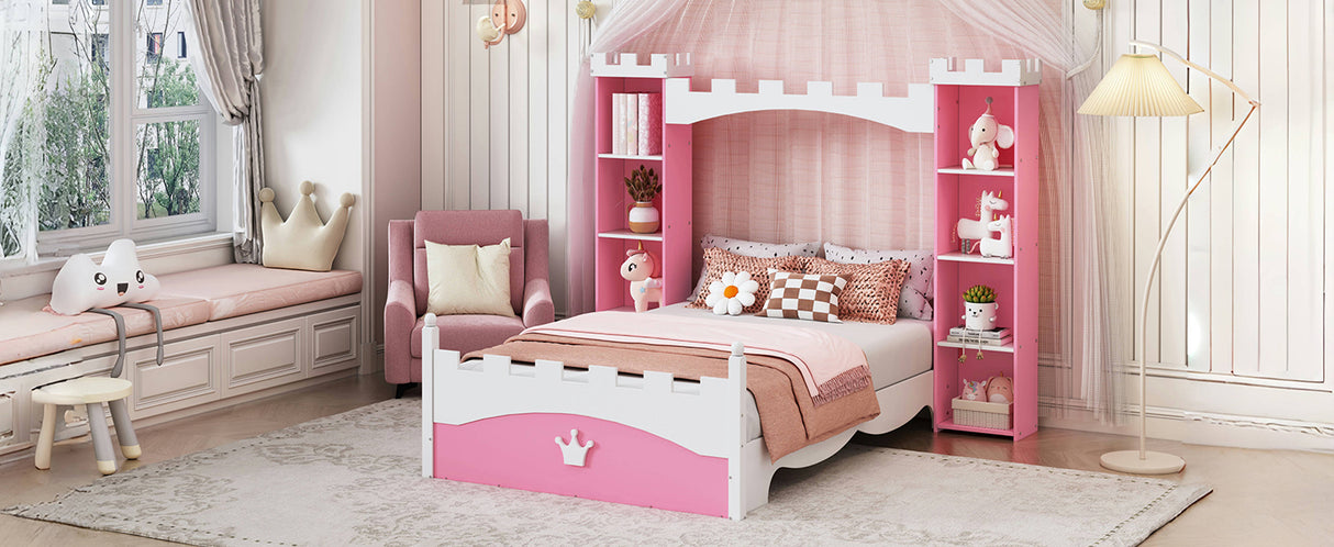 Castle-Shaped Wooden Bed with Storage Shelf, Dreamy Twin Size Platform Bed for Kids Bedroom, Pink+ White - V.I.P Digital Presence