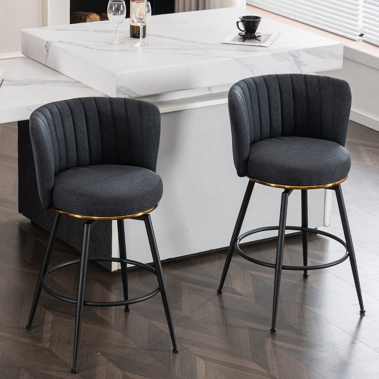 A set of 2 gray rotating bar stools - high backrest, adjustable, with elegant metal backrest decoration - V.I.P Digital Presence