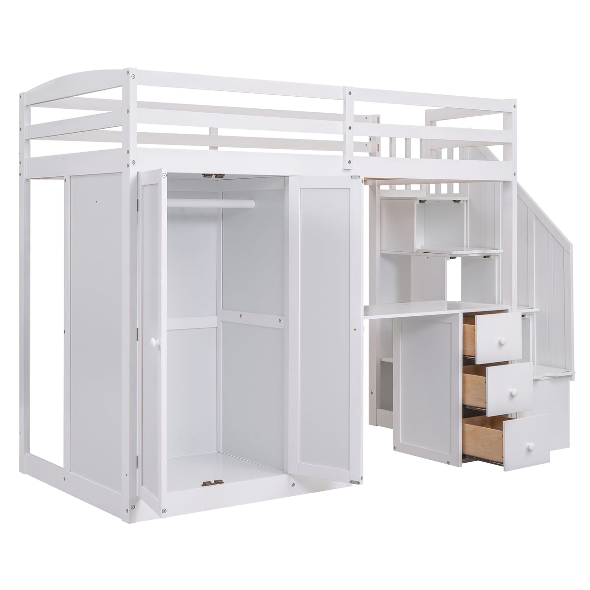 Twin Size Loft Bed with Wardrobe and Staircase, Desk and Storage Drawers and Cabinet in 1 White