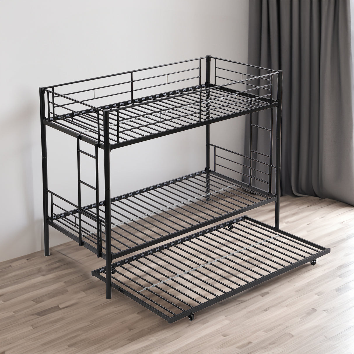Twin bunk bed frame with trailer, metal bunk bed with sturdy guardrail and side ladder, can be divided into two beds, black - V.I.P Digital Presence