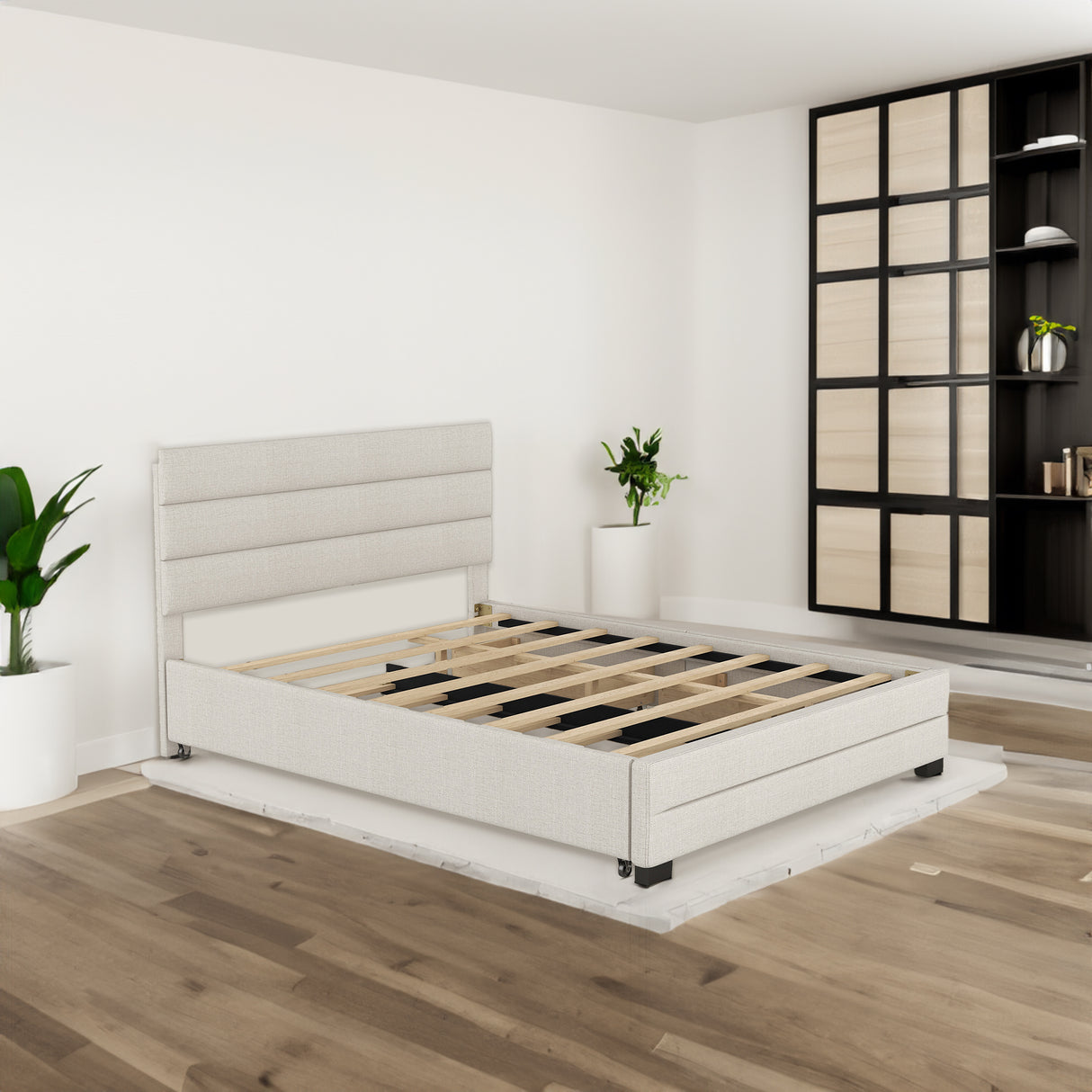 Queen Upholstered Platform Bed with Twin Size Trundle and Two Drawers Beige