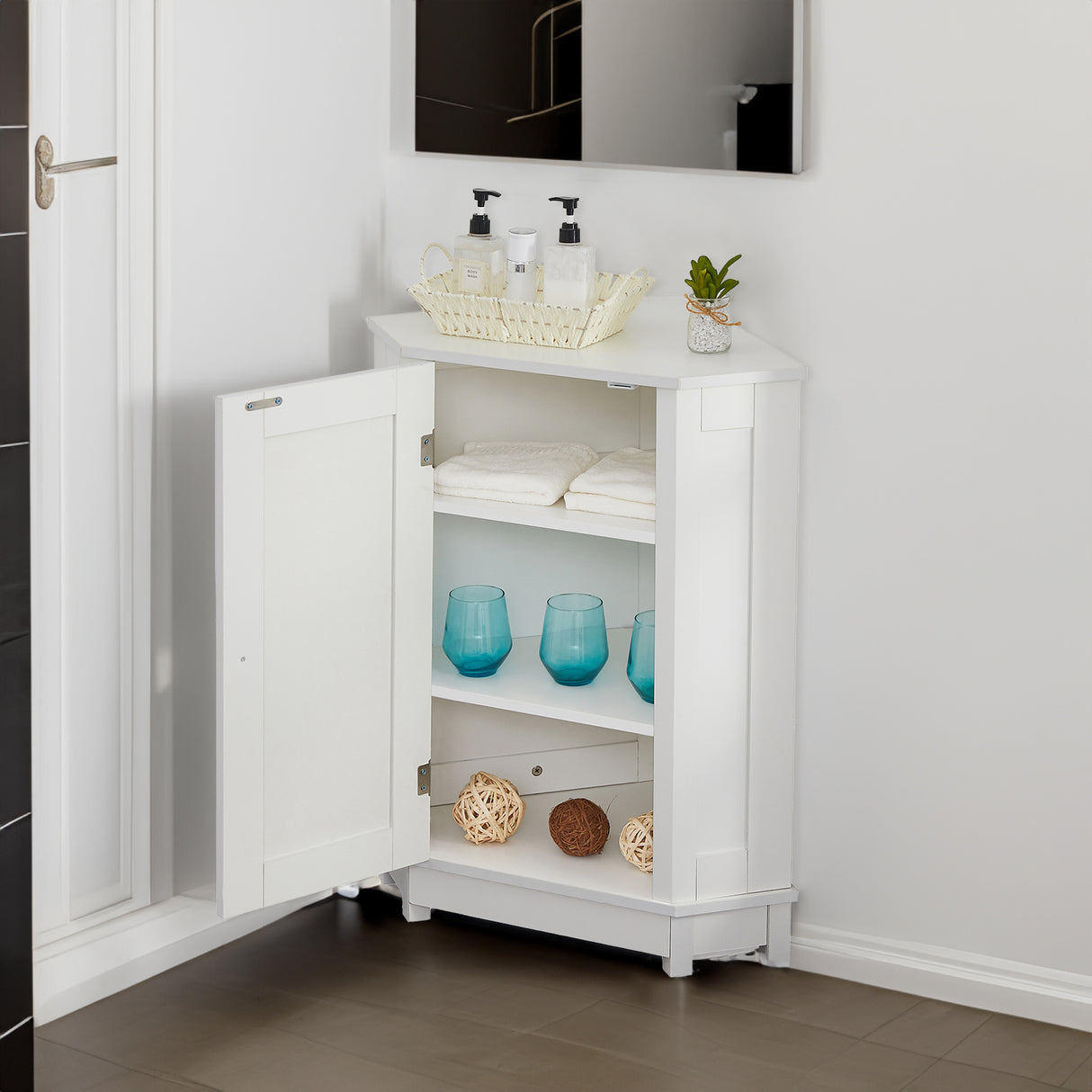 White Bathroom Cabinet Triangle Corner Storage Cabinet with Adjustable Shelf Modern Style MDF Board - V.I.P Digital Presence