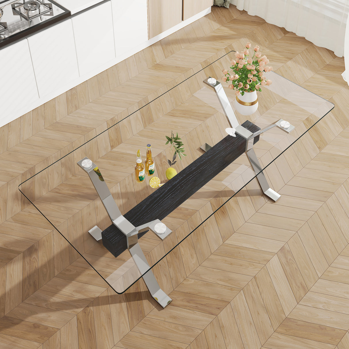 Dining table Modern tempered glass dining table Large modern office desk with silver plated metal legs and MDF crossbars - V.I.P Digital Presence