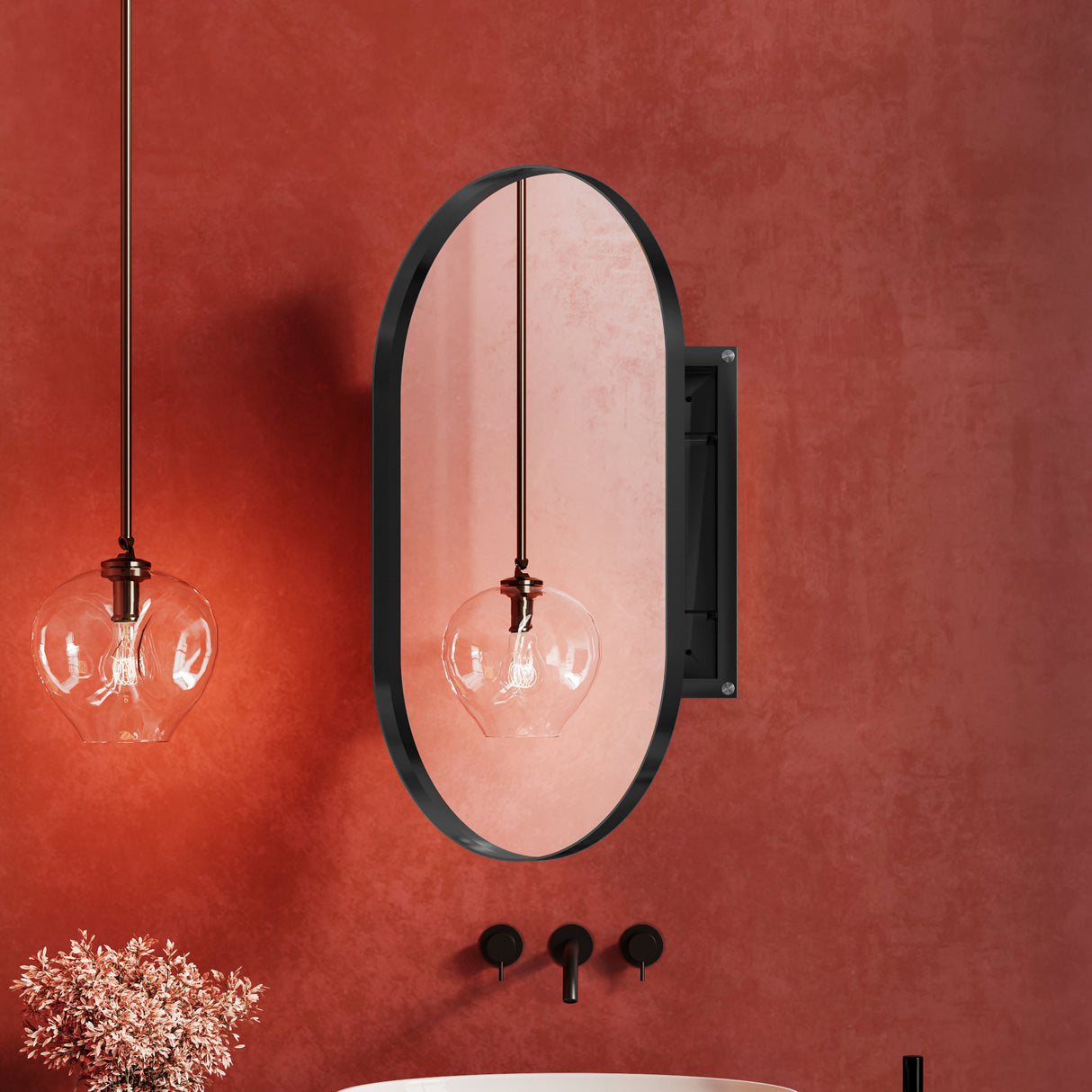 20x34 inch oval embedded medicine cabinet, metal frame bathroom cabinet with mirror and adjustable shelf matte black - V.I.P Digital Presence