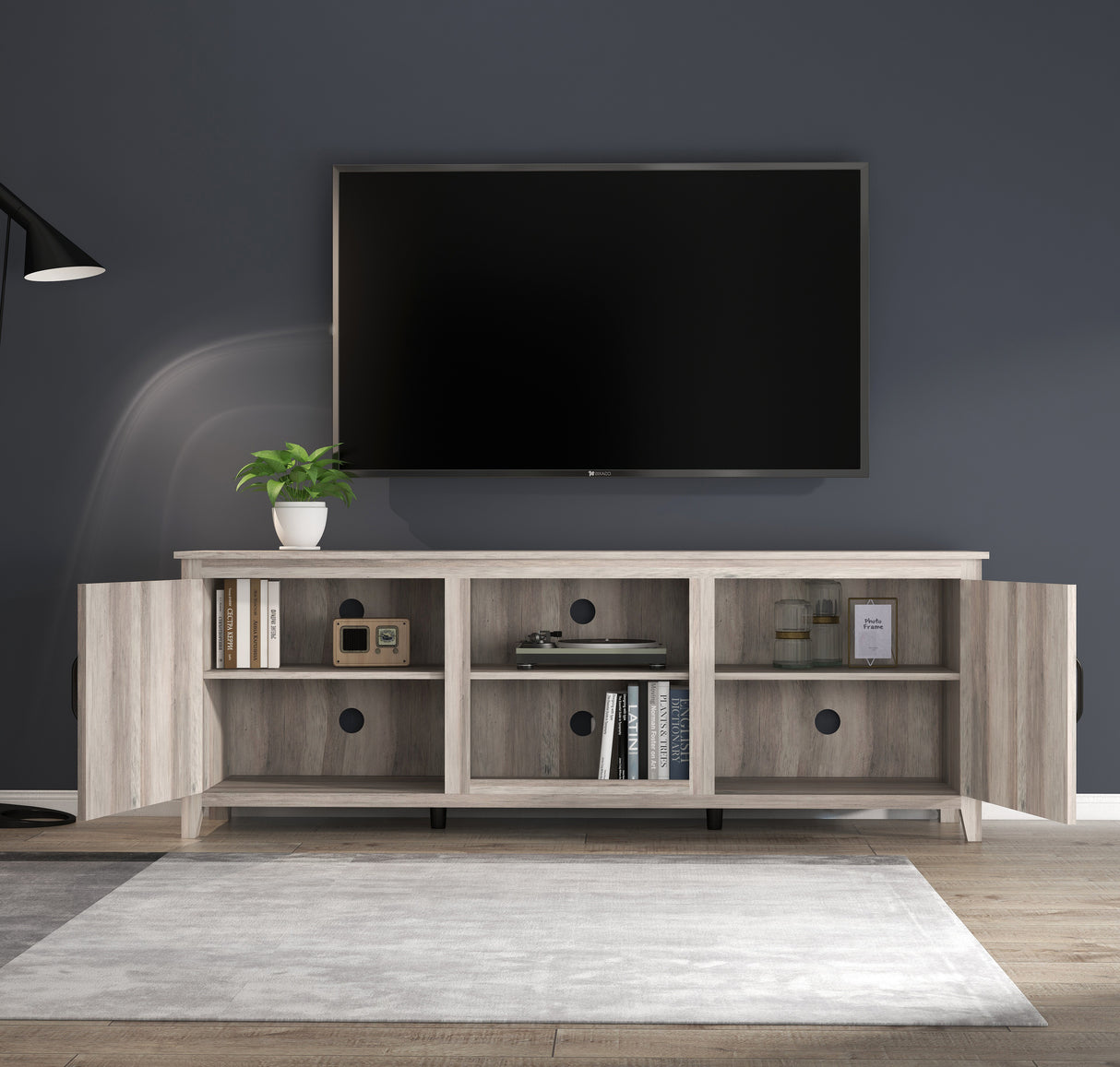 TV Stand Storage Media Console Entertainment Center With Two Doors, Grey Walnut - V.I.P Digital Presence